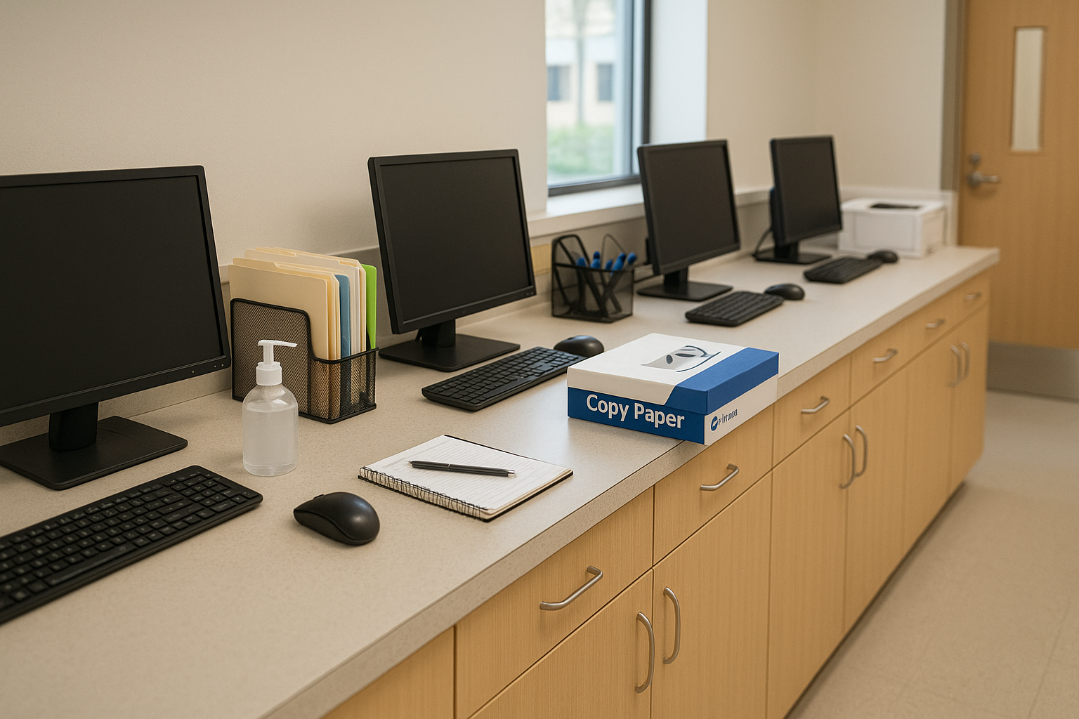 Nurses station with computers, office supplies, sanitizer and copy paper